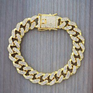 12.5mm 8inches Cuban Ice Round Curb Diamond Chain 18k GP Bracelet with Rhineston